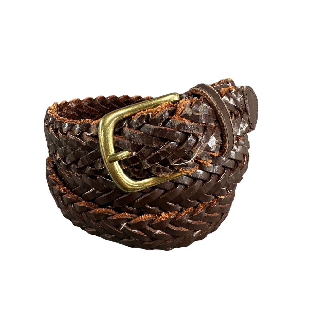Mens Dark Brown Braided Genuine Leather Belt Size 42 Gold Tone Buckle 9889